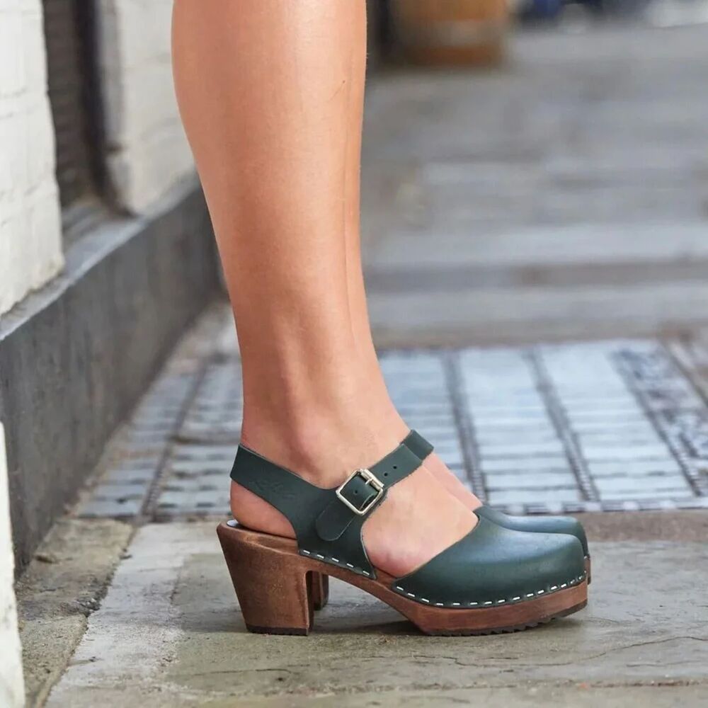 Lotta from Stockholm Dark Hunter Forest Green Leather Wood Heel Clog Sandals 41 - Picture 6 of 14
